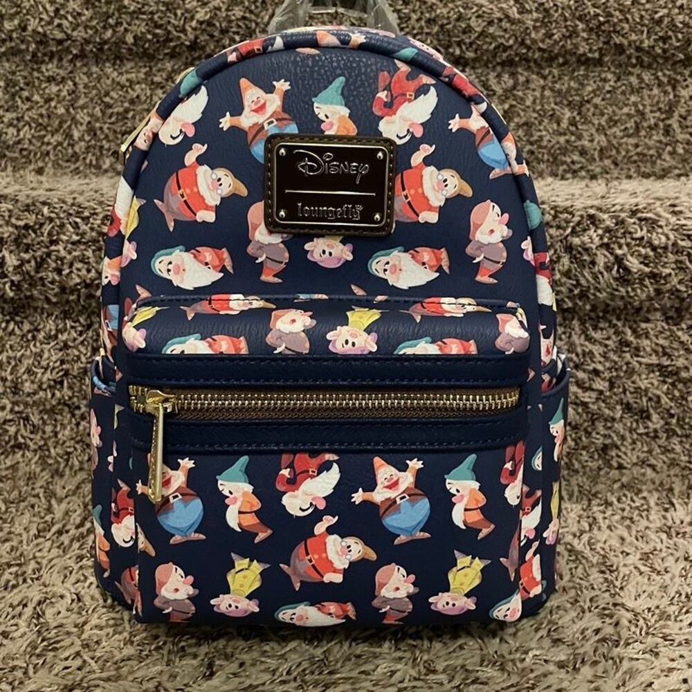 Loungefly Disney Snow White Seven Dwarfs Mini Backpack Navy Blue AOP NWT